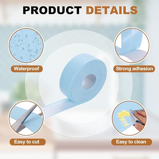 uxcell Caulk Tape Waterproof, 0.83 Inch x 16.4 ft Self-Adhesive Sealant Sealing Strip Caulking Sealant Tape PVC with Tool for Kitchen Sink Toilet Bathroom Bathtub Floor, Blue