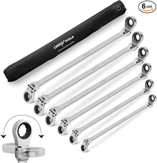 DISEN Extra Long Flex Head Ratcheting Wrench set, 6Pcs Double Box End Long Reach Ratchet Wrench Set Metric 8-19mm, CRV Steel, with Pouch, Gifts for Father, Man