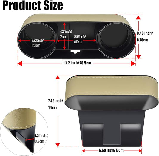 IOKONE Car Cup Holder, Auto Front Seat Organizer, Multifunctional Cup Drink Holders with PU Leather Cover, Gap Filler Storage Box Coin Bucket Console Side Pocket Cell Mobile Phone Holder(Slim-Beige)