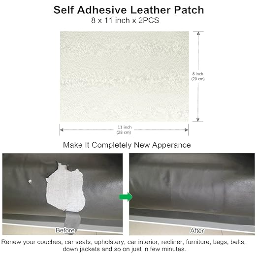 ILOFRI Leather Repair Patch 8x11 inch 2 Pcs, Durable Self Adhesive Vinyl and Leather Repair Kit for Couch, Car Seats, Boat Seat, Furniture, Upholstery, Auto Interior, Sofa, Chair - Beige White
