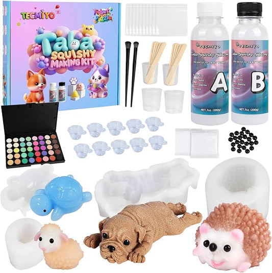 DIY Taba Squishy Kit - Make Your Own Squishies with Animal Molds and 1:1 AB Liquid Silicone Gel (14oz)