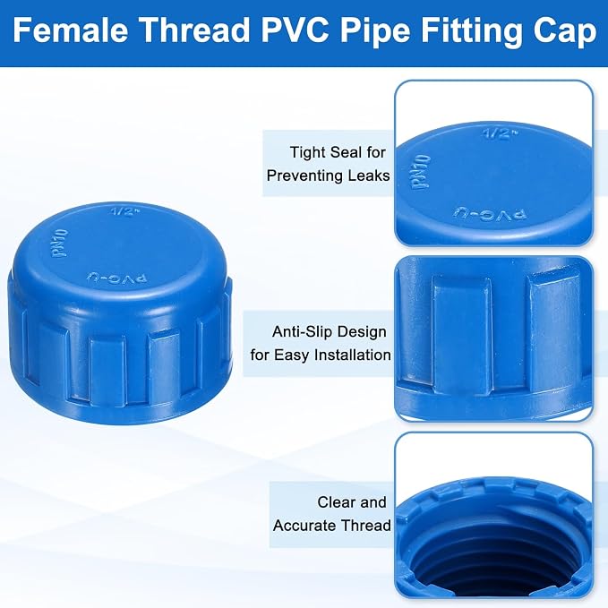 uxcell 5Pcs 1/2 Inch PT Female Thread PVC Pipe Fitting Cap, Cleanout Water Drain End Caps, Pipe Plug Socket Fittings with Tape for Water Heater Supply Lines, Plumbing, Blue