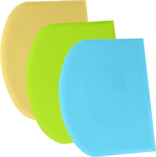 SURDOCA Dough Scraper Bench Scraper - 3P 10.6x6.7" Plastic Flexible Bowl Scraper, Sharp Edge & Angles Cake Scraper. Non-Slip Bakeware Decorating Tools Sculpting & Modeling Tools - Blue+Yellow+Green