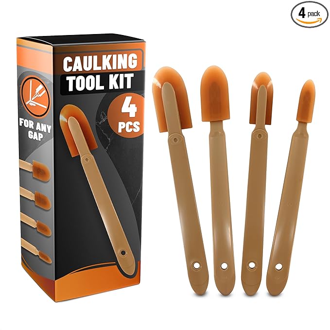 4-Piece Caulking Tool Kit for Silicone Sealant & Grout – Finishing & Smoothing Caulk Tool Set for Bathroom, Kitchen, Tile & Window – Reusable Urethane Rubber Tips with ABS Handle, Sizes 0.78"-1.73"