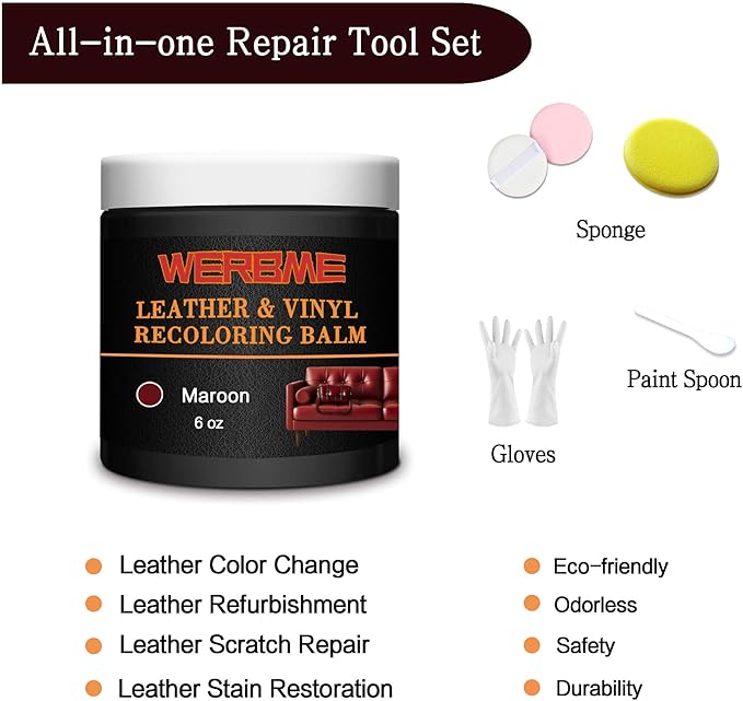 Leather Recoloring Balm - Leather & Vinyl Repair Balm for Furniture, Couches,Car Seats, Auto Interior & Accessories, Restores Faded, Worn, Scratched and Cracked Leather Surfaces (Maroon)