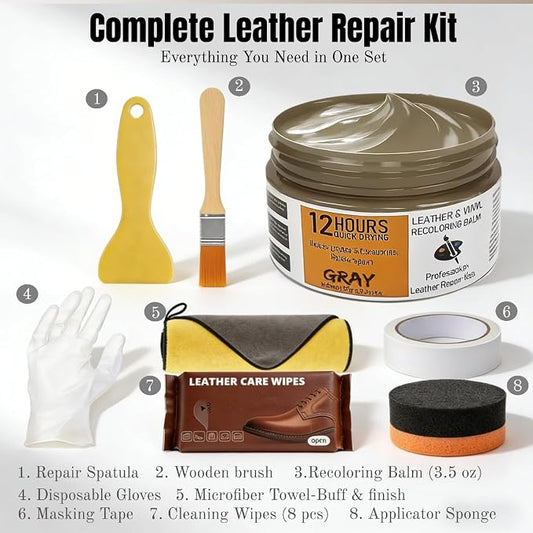 Leather Recoloring Balm 3.53Oz, 12H Quick-Dry Leather Vinyl Repair Cream Kit for Furniture, Couches & Car Seats- Restore Scratched, Faded, & Damaged Surfaces, Waterproof Restorer Gray