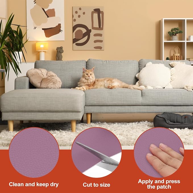 PATIKIL Leather Patches Tape for Furniture, 6.3 x 61 Inch Self Adhesive Vinyl Leather Repair Kit Cover Sheet for Couch, Sofa, Car Seats, Office Chair, Light Purple