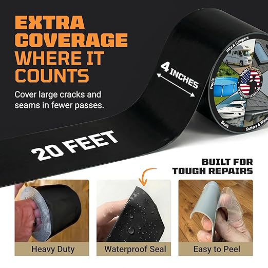 TITANPATCH PRO Waterproof Sealant Tape – Black 4" x20' – Stops Leaks Fast & Stays Sealed for 15+ Years – Sticks to RVs, Roofs, Pools, Boats, Gutters – Built for Harsh Weather (-40°F to 190°F)