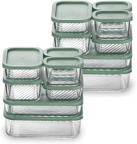 EATEX 14 Pack Glass Meal Prep Containers with Grooved Base, 14 Stackable BPA Free Glass Storage Containers with Lids for Lunch, Pantry, and Kitchen - Microwave, Dishwasher Freezer & Oven Safe - Sage