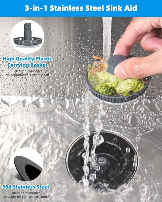 Hibbent 2 Pack 3 in 1 Kitchen Sink Drain Strainer and Stopper Combo, Stainless Steel Metal Pop Up Sink Stopper, Anti-Clogging Basket Strainer with Handle for US Standard 3-1/2 Inch Drain, Black