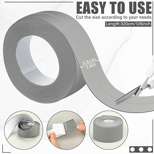 Frienda Grey Caulk Tape 10.5' x 1.5'' Waterproof Self Adhesive Caulk Strip Bathtub Sealant Tape Sealing Strip Oil Proof Bathroom Sealant for Kitchen Floor Wall Edge Protector(PE)