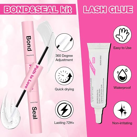 Professional Lash Cluster Glue Kit – 150H Strong Hold Bond & Seal Waterproof Eyelash Glue,Long-Lasting Adhesive for DIY Cluster Lashes,Home Use,Beginners & Pros (White,2-Pack (5ml+5ml+0.24oz)