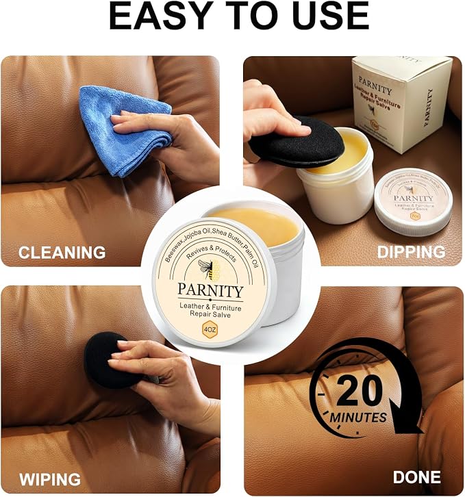 Furniture Salve for Leather & Wood with Sponge 4oz | Polisher, Restorer and Conditioner for Couches, Furniture, Car Seats, Boots, Bags, Prevent Cracking or Fading (Light gray)