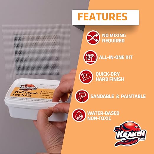 Kraken Bond Drywall Patch Repair Kit - (1x8 fl.oz.) Easy to Use Wall Patch Repair Kit for Drywall Hole & Cracks, Includes Aluminum Self-Adhesive Patch, Grit Sandpaper, Plastic Putty Knife, 1 Pack