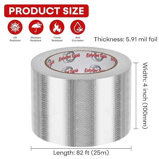 4in x 82ft Adhesive Aluminum Foil Heat Shield Tape, Fiberglass Thermal Insulation Reflective Material for Pipe, Duct, Exhaust, HVAC and High Temp Protection, 5.91MIL