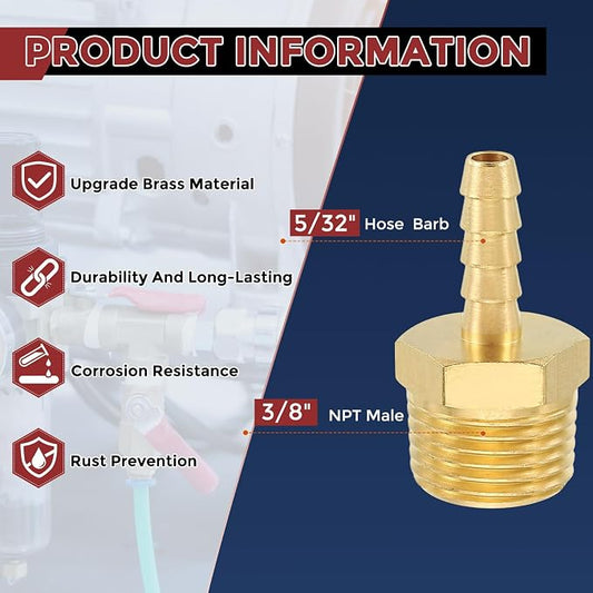 Pack of 2 Brass Hose Barbs Fittings 5/32" Hose Barbs to 3/8" NPT Male Fittings for Home Machines, Massage Bathtubs, and Irrigation Systems