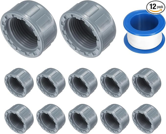uxcell 12Pcs 1 Inch PT Female Thread PVC Pipe Fitting Cap, Cleanout Water Drain End Caps, Pipe Plug Socket Fittings with Tape for Water Heater Supply Lines, Plumbing, Gray