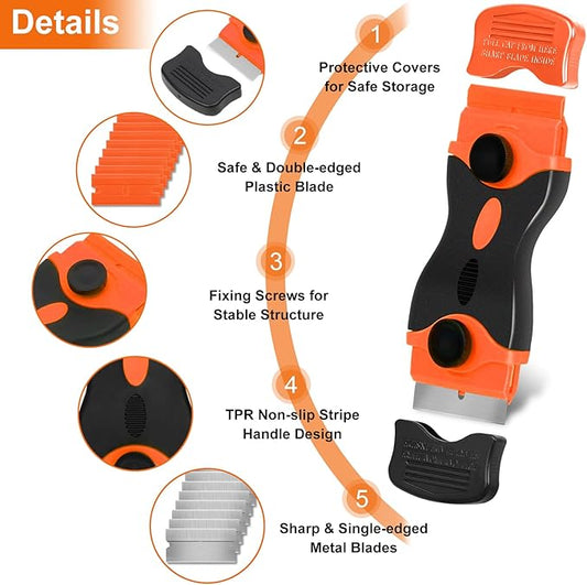 THINKWORK Razor Blade Scraper - 2Pcs Razor Scraper Set with 20Pcs Razor Blades, Scraper Tool for Removing Labels, Decals, Stickers, Paint, Caulk, Adhesive