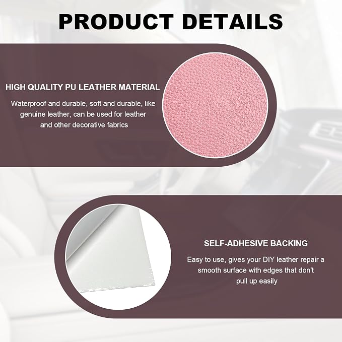 2 PCS Leather Repair Patch Tape, 4 x 8 Inch PU Vinyl Repair Patches for Car Upholstery Seat, Waterproof Self Adhesive Leather Tape Repair Kit for Furniture Couches Chairs (Pink)