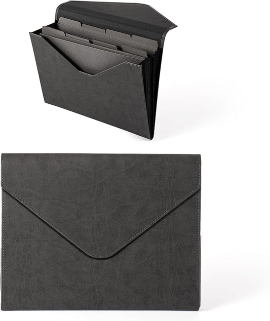 PU Leather Heavy-Duty Expanding File Folder, A5/US Letter Size Document Organizer with 8 Paper File Folder, 4-1/2 Inch Expansion, Grey – for Office, Auto Shop, School Paperwork.