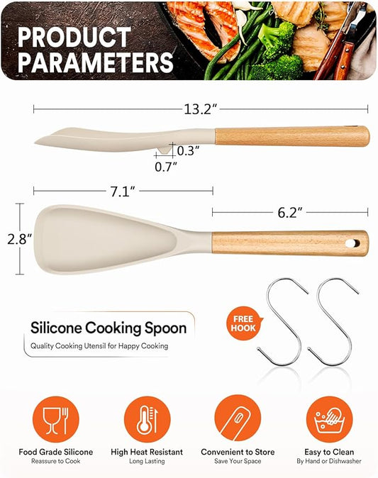 Cooking Spoon for Nonstick Cookwares, Great for Cooking and Serving Sturdy BPA-Free Matte Silicone, Wood Handle Spoon for Mixing, Scoop, and Scrape (2 Pack of Khaki, 13.4 inch)