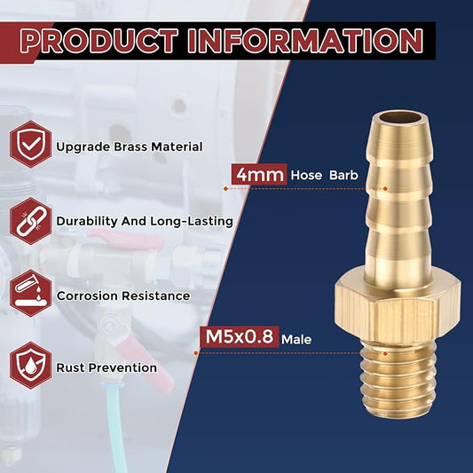 Pack of 8 Brass Hose Barb Fittings Adapter Connector 4mm Hose Barb to M5x0.8 Male Fittings for Home Machines, Massage Bathtubs, and Irrigation Systems