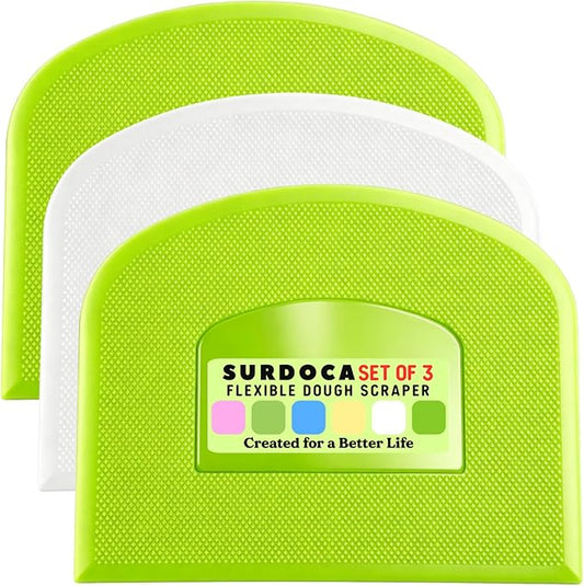 SURDOCA Dough Scraper Bench Scraper - 3P 14.2x8.5" Plastic Flexible Bowl Scraper, Sharp Edge & Angles Cake Scraper. Non-Slip Bakeware Decorating Tools Sculpting & Modeling Tools - Green+White+Green