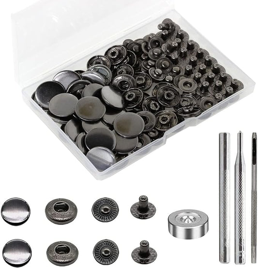 BetterJonny 24 Sets Heavy Duty Leather Snap Fasteners Kit, 17mm Metal Snap Buttons Press Studs Leather Rivets Snaps with 4 Setter Tools for Clothes Bracelet Jackets Jeans (Gun Black)