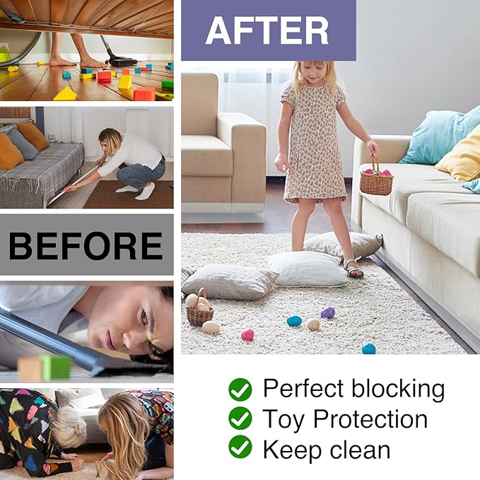 RowinsyDD 8 Pack Toy Blocker for Furniture, Clear Under Couch Blocker, Stop Things Going Under Sofa or Bed, 16" L x 1.6" H, Adjustable Gap Bumper for Furniture with Strong Tape