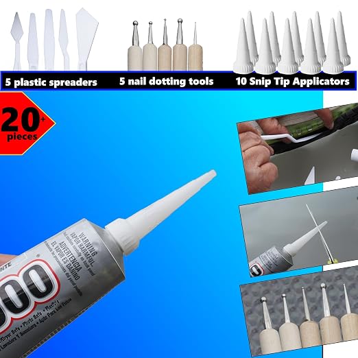 E6000 Craft Adhesive Bundle: 3.7 fl oz Tube with 10 Snip Tip Applicators, Set of 5 Plastic Spreader Tools and Set of 5 Nail Dotting Tools - Double-Headed with Various Sizes for Optimal Application