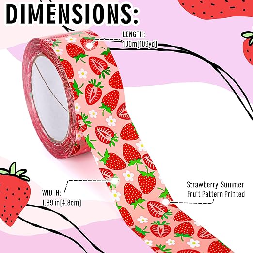 Whaline Strawberry Packing Tape Cute Strawberry Fruits Pattern Tape Waterproof Shipping Tape for Small Business DIY Crafts Box Carton Decor