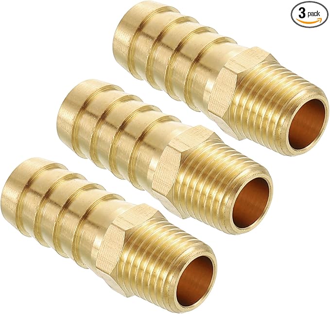 Pack of 3 Brass Hose Barb Fittings Adapter Connector 1/2" Hose Barb to 1/4" NPT Male Fittings for Home Machines, Massage Bathtubs, and Irrigation Systems