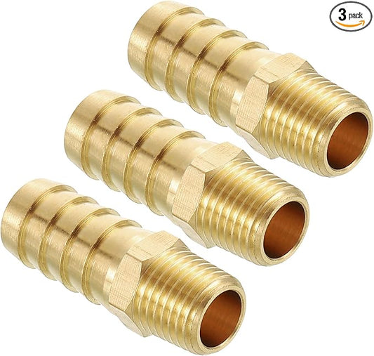 Pack of 3 Brass Hose Barb Fittings Adapter Connector 1/2" Hose Barb to 1/4" NPT Male Fittings for Home Machines, Massage Bathtubs, and Irrigation Systems