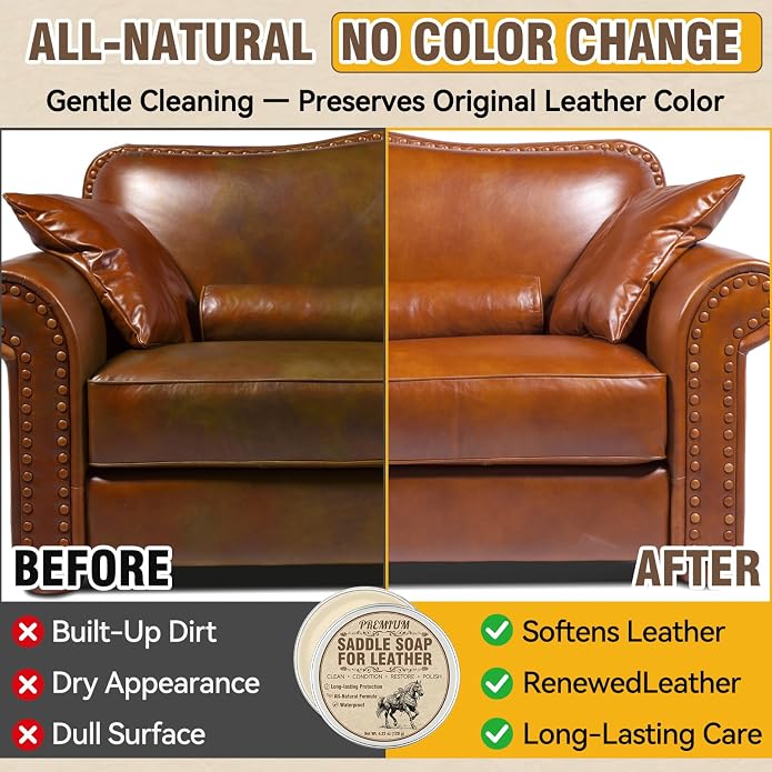 Leather Care for Leather Boots, All-Natural Leather Cleaner and Conditioner | Cleans, Restores, Softens and Protects Boots, Shoes, Bags, Jackets & Furniture, 4.23 Oz Saddle Soap with Sponge