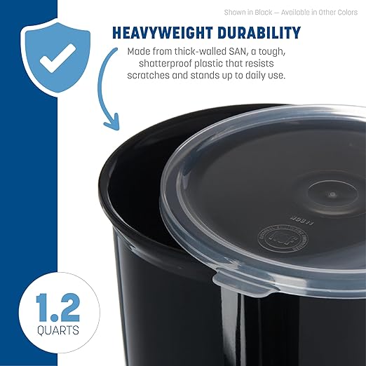 Carlisle FoodService Products Classic Round Storage Container Crock with Lid for Kitchen, Restaurants, Home, Plastic, 1.2 Quarts, White