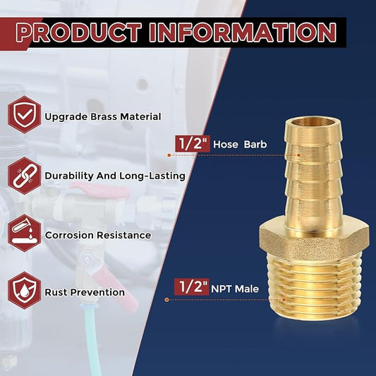 Pack of 1 Brass Hose Barb Fittings 1/2" Hose Barb to 1/2" NPT Male Fittings