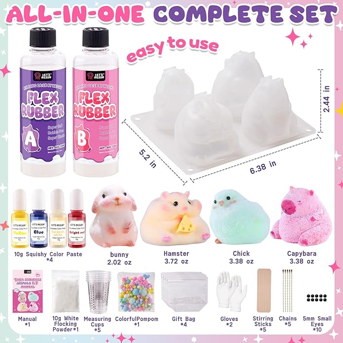 LET'S RESIN Flex Rubber for Taba Squishy Kit, All-in-one Beginner Kit for Squishy Maker, with 16oz Silicone Gel, Hamster/Capybara/Rabbit/Chick Silicone Molds, Color Paste, Flocking Powder, Ideal Gifts
