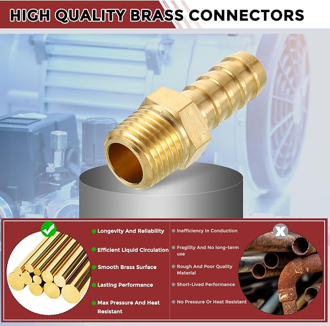 Pack of 1 Brass Hose Barb Fittings 3/8" Hose Barb to 1/4" NPT Male Fittings
