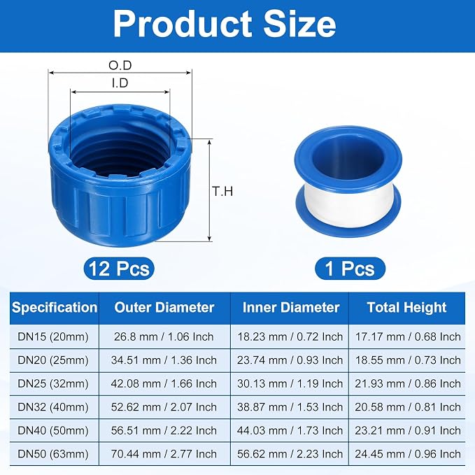 uxcell 12Pcs 1/2 Inch PT Female Thread PVC Pipe Fitting Cap, Cleanout Water Drain End Caps, Pipe Plug Socket Fittings with Tape for Water Heater Supply Lines, Plumbing, Blue