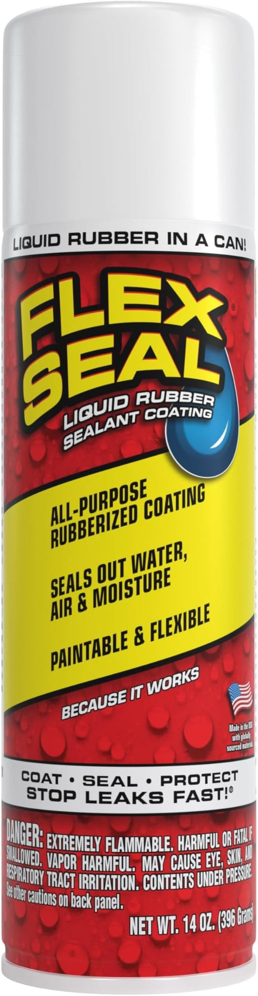 Flex Seal, 14 oz, White, Stop Leaks Instantly, Waterproof Rubber Spray On Sealant Coating, Perfect for Gutters, Wood, RV, Campers, Roof Repair, Skylights, Windows, and More