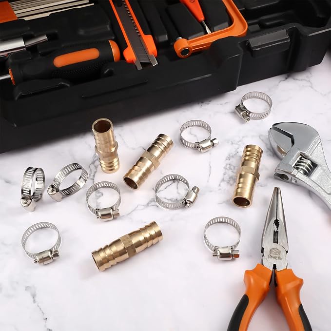 Zhengmy 12 Pcs 5/8-3/4 Inch Hose Repair Kit Brass Barb Fitting Garden Water Hose Repair Connectors with Claps Fiting with 8 Pcs Stainless Steel Pipe Clamp for Fuel Air