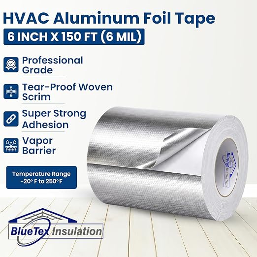 BlueTex Insulationㅤ HVAC Aluminum Foil Tape 6 inch x 150 ft (6 mil), Professional Grade Silver Duct Tape Metallic, Tear-Proof Woven HVAC Tape Heavy Duty, for Ductwork, Dryer Vent & Insulation - 1 Roll