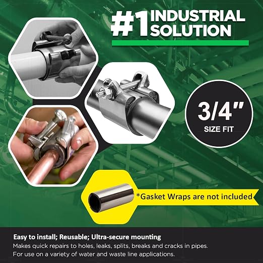 Highcraft Pipe Repair Clamp 3/4'', IPS Single Bolt, 3” Long, Stainless Steel
