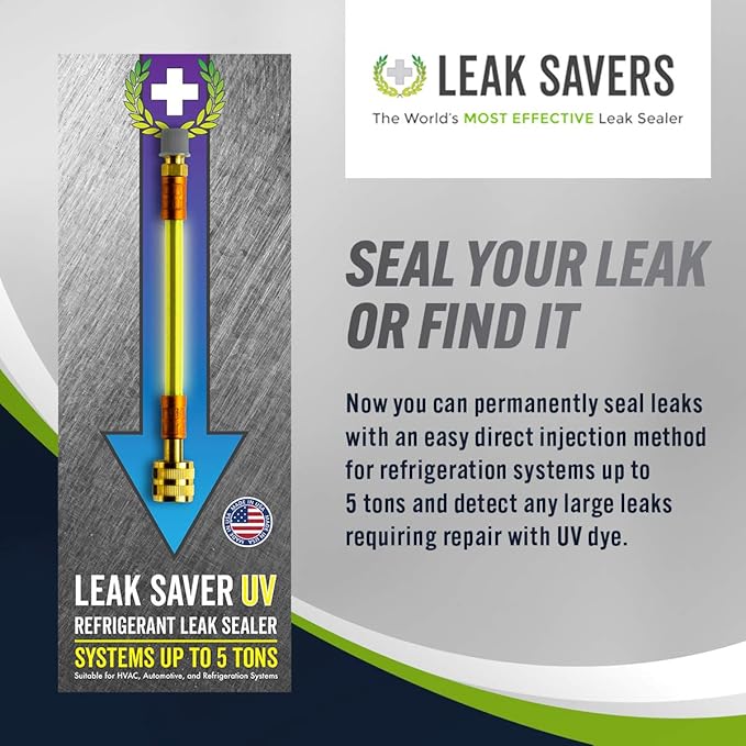 Leak Saver Direct Inject UV - Refrigerant Leak Sealer with Added UV Dye to Detect Large Leaks - for AC, Refrigeration, and Automotive Systems Up to 5 Tons - Compatible with All Refrigerants - 6 Packs