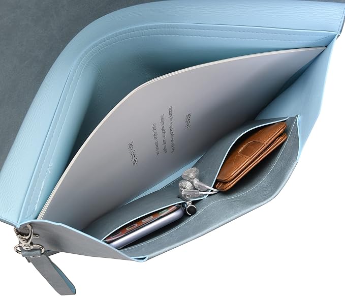 Wonderpool Envelope Case A4 PU Leather File Jacket Pocket Folder Document Case Bag with Removable Hand Strap and 4 Pocket for Documents Tablet Phone Stationery (Sky Blue)