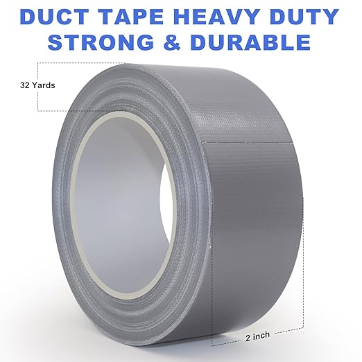 Silver Duct Tape, Heavy Duty Waterproof, 2 Inches x 32 Yards, Durable, Easy-Tear, No Residue for Home Repairs, Industrial, Fixed Carpet Edge, DIY Projects