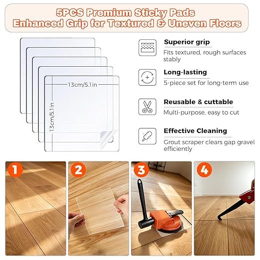 Heavy Duty Floor Gap Fixer Tool, Floor Suction Cup Tool for Gaps with 5 Cuttable Sticky Pads, Grout Scraper & Gloves, Fits ≥4.8" Wide Wood/LVP/Vinyl Flooring(Orange)