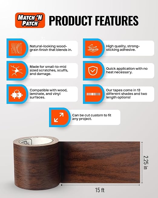 MATCH 'N PATCH Wood Grain Repair Tape - Dark Walnut, 2.25 in x 15 ft (1-Pack) – Wood Grain Colored Duct Tape for Mirror Frame, Trim, Borders, Floor and Other Furniture, Scratch Repair Kit