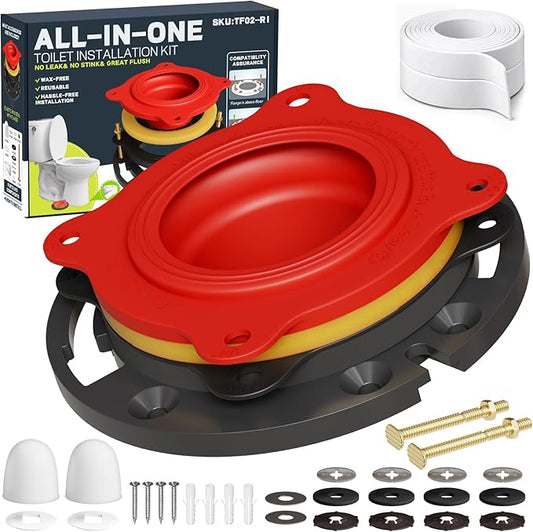 boeemi Toilet Flange Repair Kit with Elastic Wax Ring TF02-RI- Premium Toilet Seal and Gasket Replacement (with Sealing Caulk Tape)