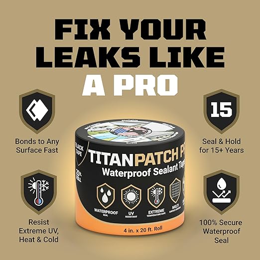 TITANPATCH PRO Waterproof Sealant Tape – Black 4" x20' – Stops Leaks Fast & Stays Sealed for 15+ Years – Sticks to RVs, Roofs, Pools, Boats, Gutters – Built for Harsh Weather (-40°F to 190°F)